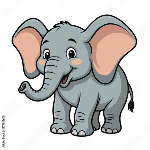 A cute, funny baby elephant cartoon character, a gray mammal drawing for wild safari fun and jungle nature illustration