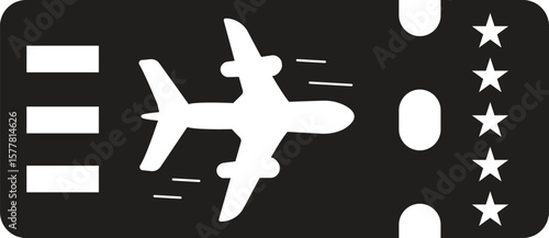 Airplane ticket icon in outline style showing flight reservation with star rating system for airlines with transparent background