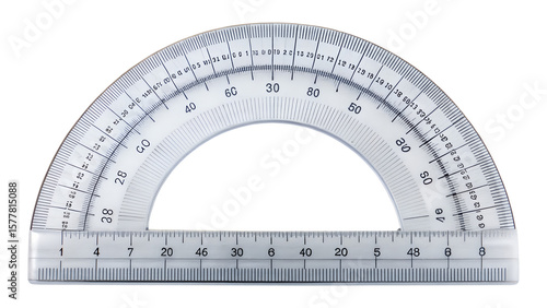 A clear plastic protractor with measurement markings is isolated on a transparent background