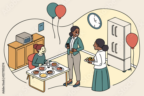 Colleagues hosting a small lunch party for the receptionist in the breakroom