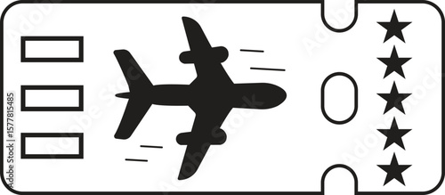 Airplane ticket icon in outline style showing flight reservation with star rating system for airlines with transparent background