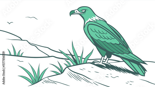 Green eagle illustration vector drawing of a bird of prey with landscape and grass detailed design art