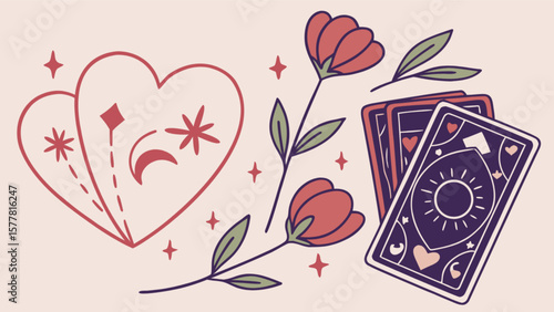 Boho aesthetic tarot card reading with hearts and flowers for mystic spiritual guidance and love readings