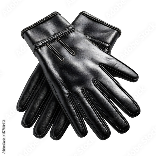 Hyper-realistic pair of black leather gloves, folded and sleek, fully isolated on transparent background 