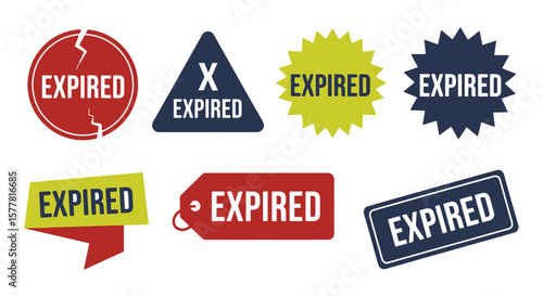 Vector Set of Expired Labels and Badges – Bold Flat Icons for Outdated Content, Ended Offers, Expiry Notices, and Product Warnings in UI and E-commerce Design
