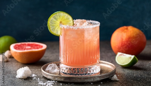 a refreshing glass of paloma a tequila based cocktail with grapefruit soda and lime is garnished with a lime wedge and salt rim