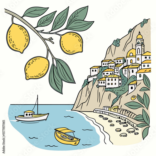 Summer Sea Beach Icons Italy Amalfi Coast Watercolor Hand Drawn Sketch Set