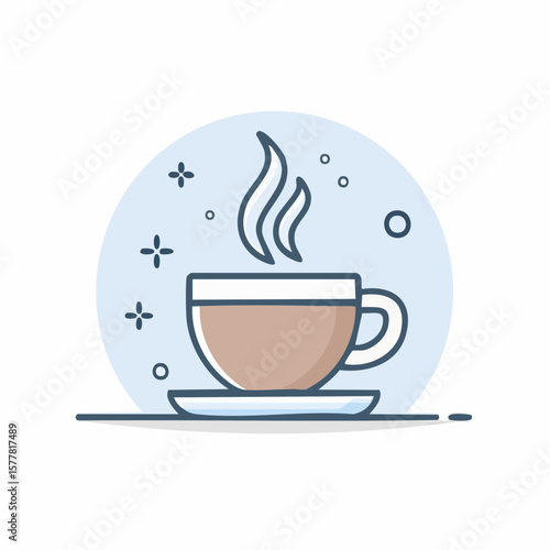 A steaming cup of coffee rests on a saucer, depicted in a minimalist, line-art style.