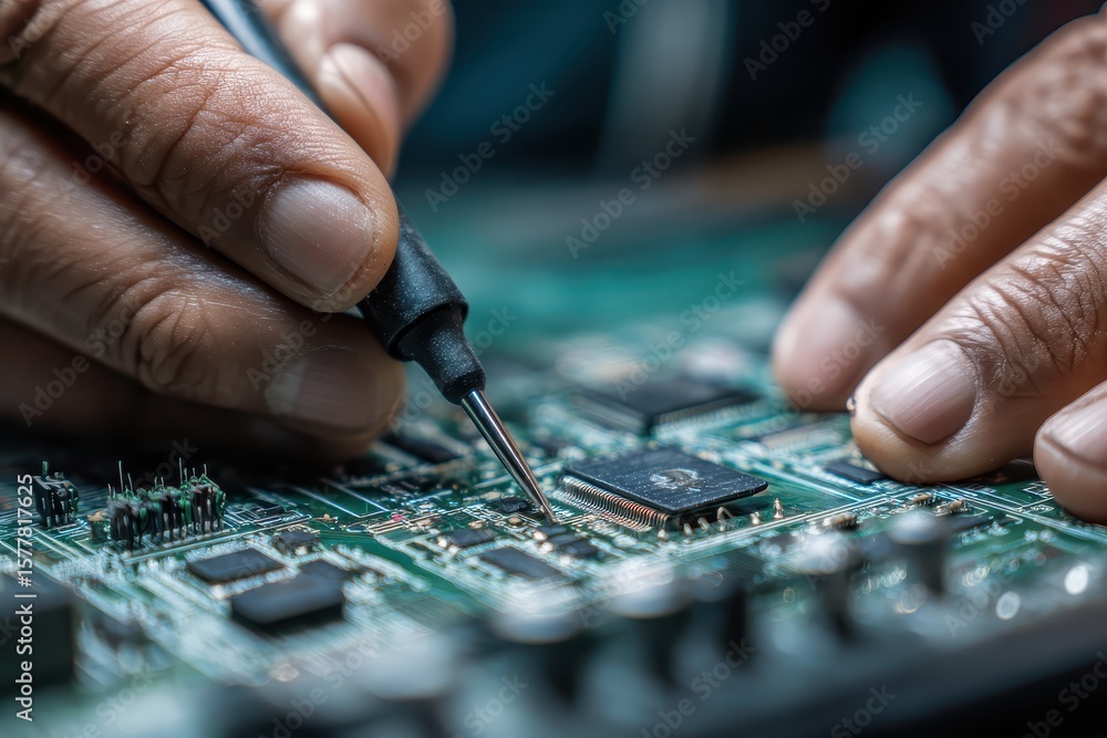 Naklejka premium Technician Repairing Electronic Circuit Board.
