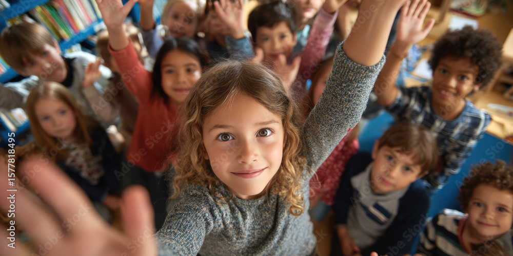 Fototapeta premium Group of children, some with their hands raised, looking up at the camera with bright smiles. The image conveys a sense of excitement, community, and active participation