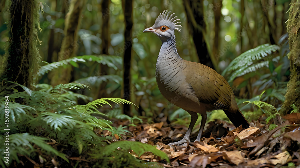 A solitary Elegant Crested Tinamou moves quietly through the dense understory of the Amazon rainforest A solitary Elegant Crested Tinamou moves quietly through the dense understory of the Amazon rainforest