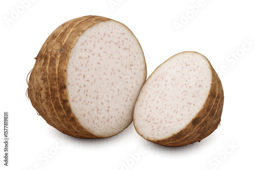 Sliced taro root revealing white interior with purple marbling, set against transparent backdrop