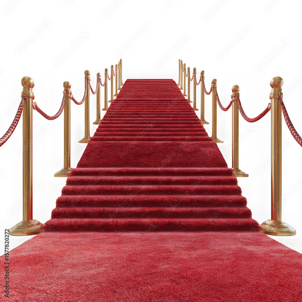 Fototapeta premium Red carpet on stairs with golden stanchions isolated on transparent background