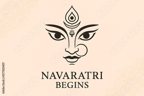 Minimal Navaratri celebration banner with elegant illustration of Goddess Durga’s face on beige background