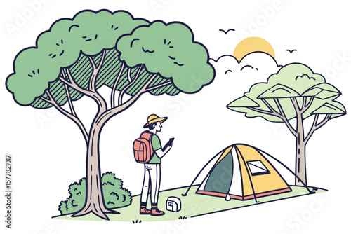 Illustration of a camper with a tent under trees on a sunny day in the wilderness area scene