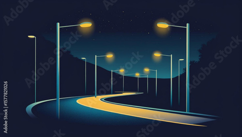 Curved Night Road Illuminated by Streetlights