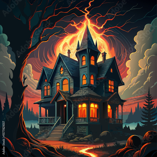 Haunted victorian mansion under a fiery stormy sky