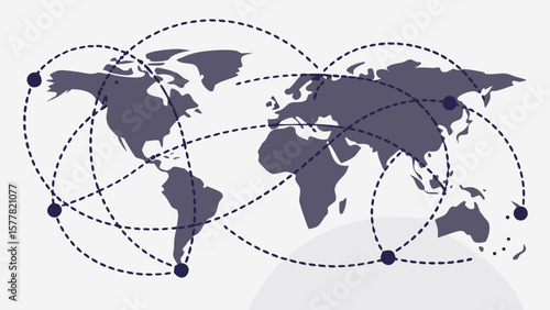 World map with global connections represented by dotted lines and circular node network design concept