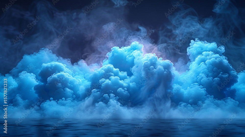 Naklejka premium A thick blue smoke cloud expanding with realistic dispersion, captured in natural lighting against a clean background. Ideal for editorial and advertising use, this image conveys mood, atmosphere, and