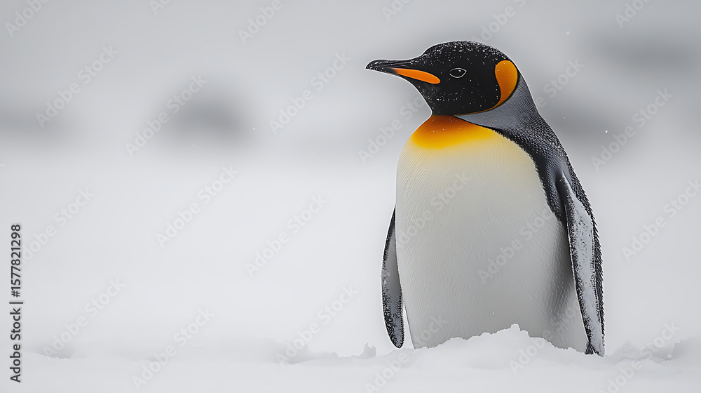 Obraz premium A solitary emperor penguin standing on a snowy landscape with a soft, blurred background