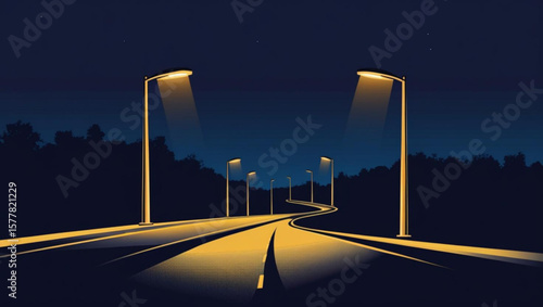 Curving Night Road Illuminated by Streetlights – Vector Illustration