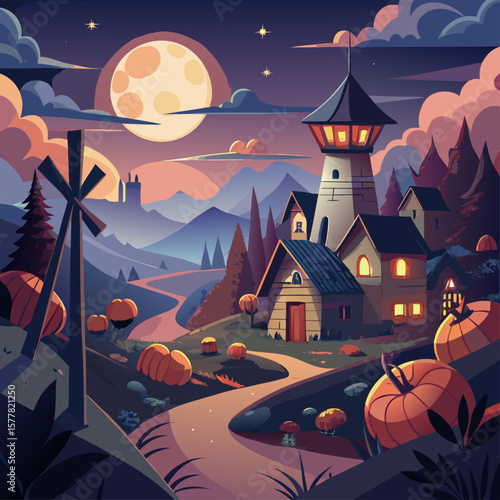 Enchanting halloween village scene with a full moon and pumpkins