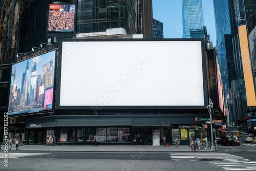 Clean billboard mockup with white screen on building front wall in Times Square, New York City, blank display for showcasing realistic urban advertisement or business branding
