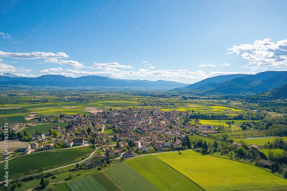 Stunning aerial view of Granges, France highlighting sunny landscapes and vibrant greenery, Aerial around the city Granges in France on a sunny day in early spring Stunning aerial view of Granges, France highlighting sunny landscapes and vibrant greenery, Aerial around the city Granges in France on a sunny day in early spring