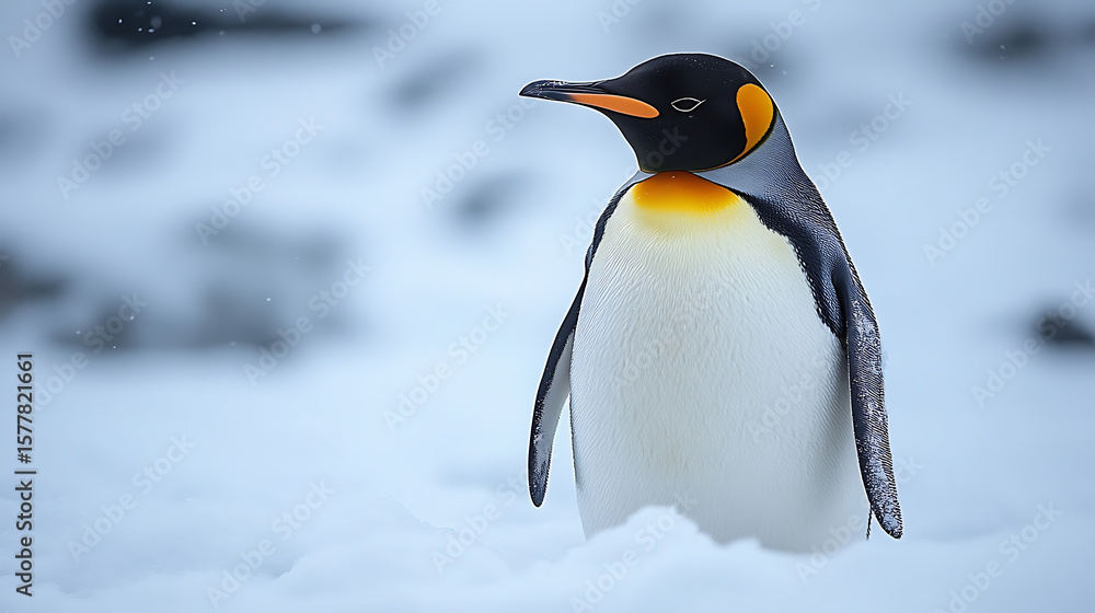 Fototapeta premium Majestic emperor penguin standing on snow-covered landscape with soft snowfall in the background