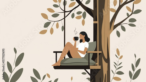 Relaxing in a Treehouse with Coffee – Minimalist Illustration