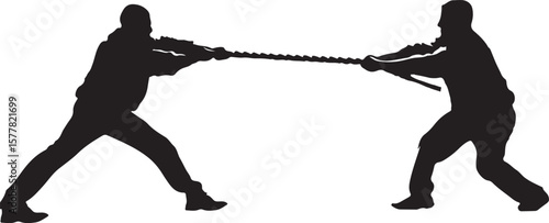 Two Men Tugging on a Rope Tug of War Silhouette Vector Illustration on Transparent Background