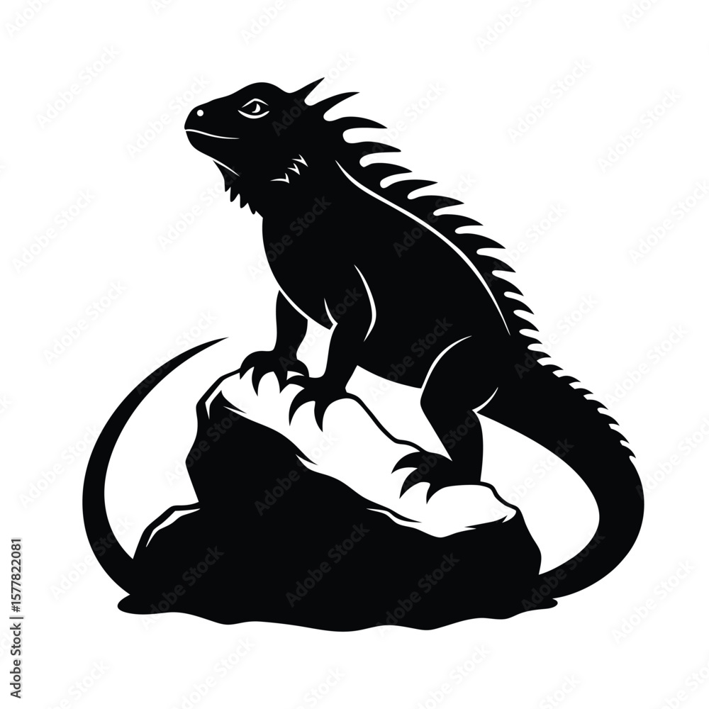 Obraz premium Iguana Silhouette on Rock – Reptile Wildlife Vector Icon