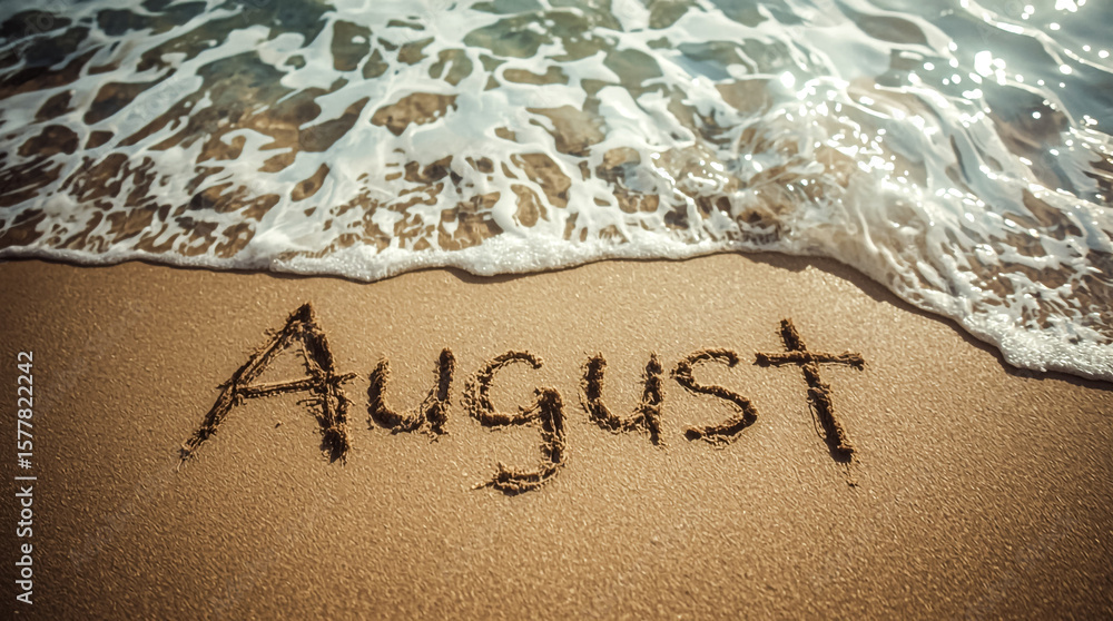 Fototapeta premium The word August is etched into the wet sand on a beach A soft wave with white foam is rolling in about to wash over the lettering