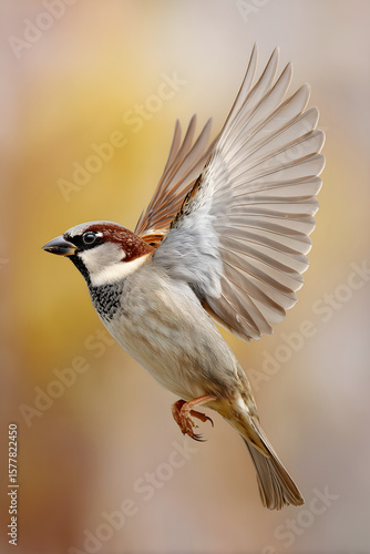 Flying Sparrow with Wings Spread in Mid-Air