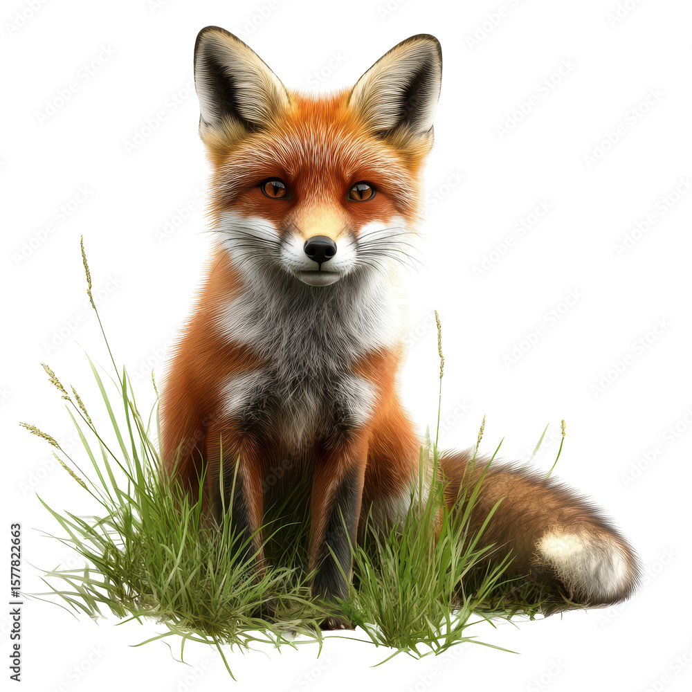 Fototapeta premium cute red fox in the grass, cute red fox sitting in lush green grass, isolated on transparent background