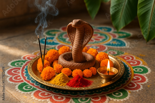 Sacred Nag Panchami ritual setup with cobra idol, marigolds, incense, and colorful rangoli
