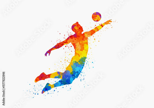 Colorful Handball Player Vector – Watercolor Sportsman Jumping with Ball in Hand – Abstract Athletic Figure Illustration for Sports Design

