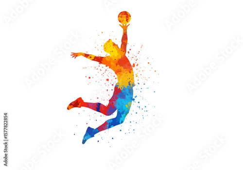 Colorful Handball Player Vector – Watercolor Sportsman Jumping with Ball in Hand – Abstract Athletic Figure Illustration for Sports Design

