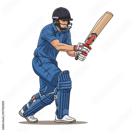 Cricketer in Blue Playing Shot Illustration – Vector of Professional Batsman in Helmet, Pads, Gloves, Holding Bat – Cricket Player Clipart

