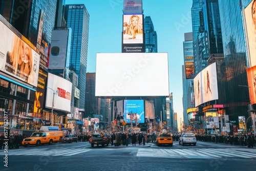 Times Square building front wall with billboard mockup, white clean screen in New York City road scene, blank display area