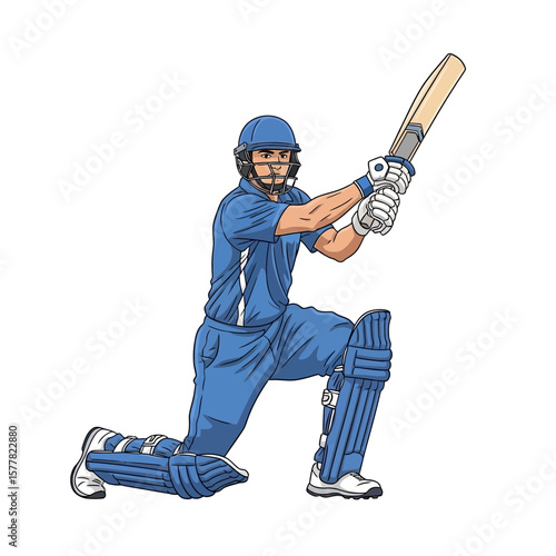 Cricketer in Blue Playing Shot Illustration – Vector of Professional Batsman in Helmet, Pads, Gloves, Holding Bat – Cricket Player Clipart

