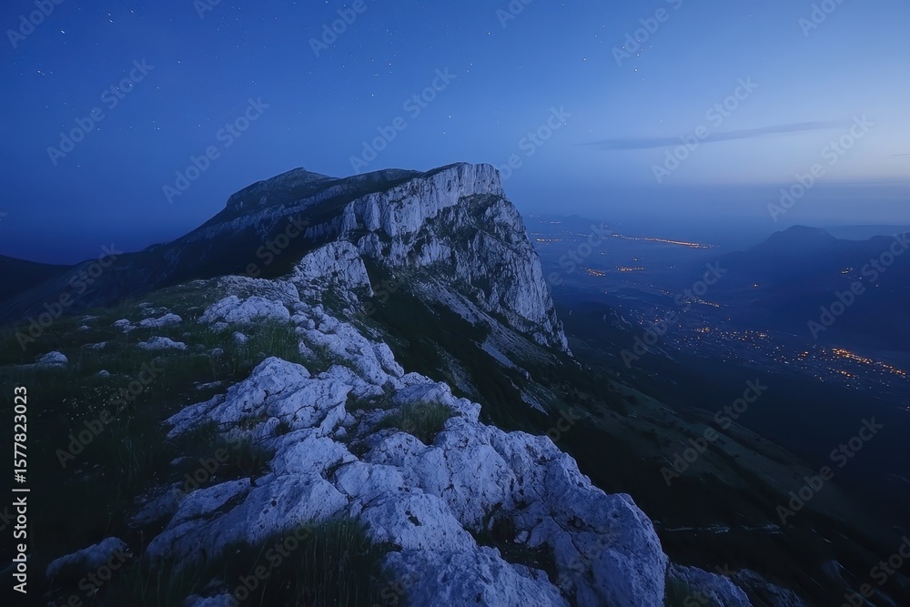 Fototapeta premium Dark blue starry night timelapse atop a majestic mountain overlooking the valley below, Time-lapse of dark blue starry night on the top of the mountain