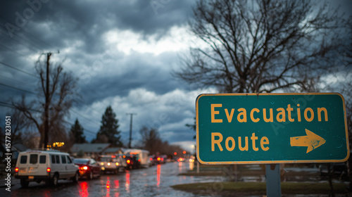 Blue Emergency Evacuation Sign by Roadway