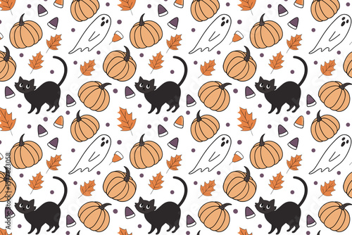 Seamless Halloween Pattern with Black Cats, Pumpkins, Ghosts, Autumn Leaves, and Candy Corn, Cute Hand Drawn Vector Background for Fall Decor