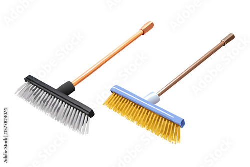 Two brooms with different bristles and handles on a black background