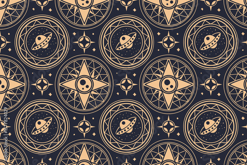 Seamless Space Pattern with UFOs, Pyramids, Stars, Planets, and Geometric Symbols, Mystical Cosmic Vector Background for Fabric and Wallpaper