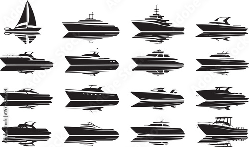 Vector art of various boat and yacht silhouettes on the water