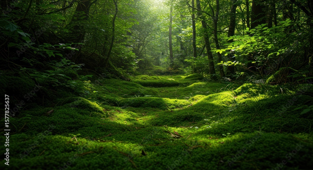 Fototapeta premium Sunlit forest path covered in thick green moss with dense trees in the background