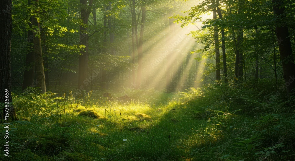 Fototapeta premium Sunbeams illuminate a lush forest path highlighting green foliage and tall trees