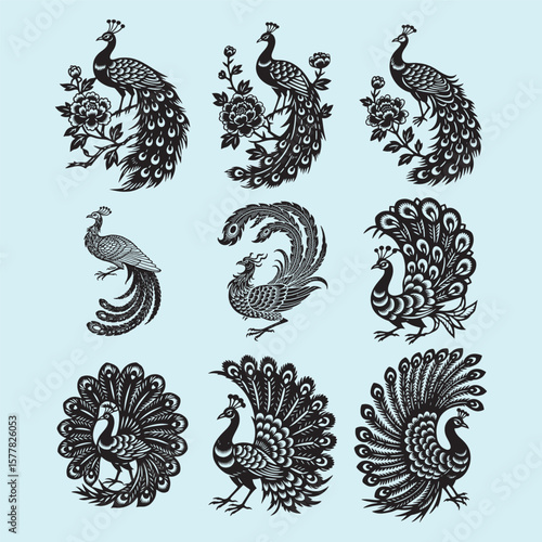 vector silhouette design of a peacock icon, black bold